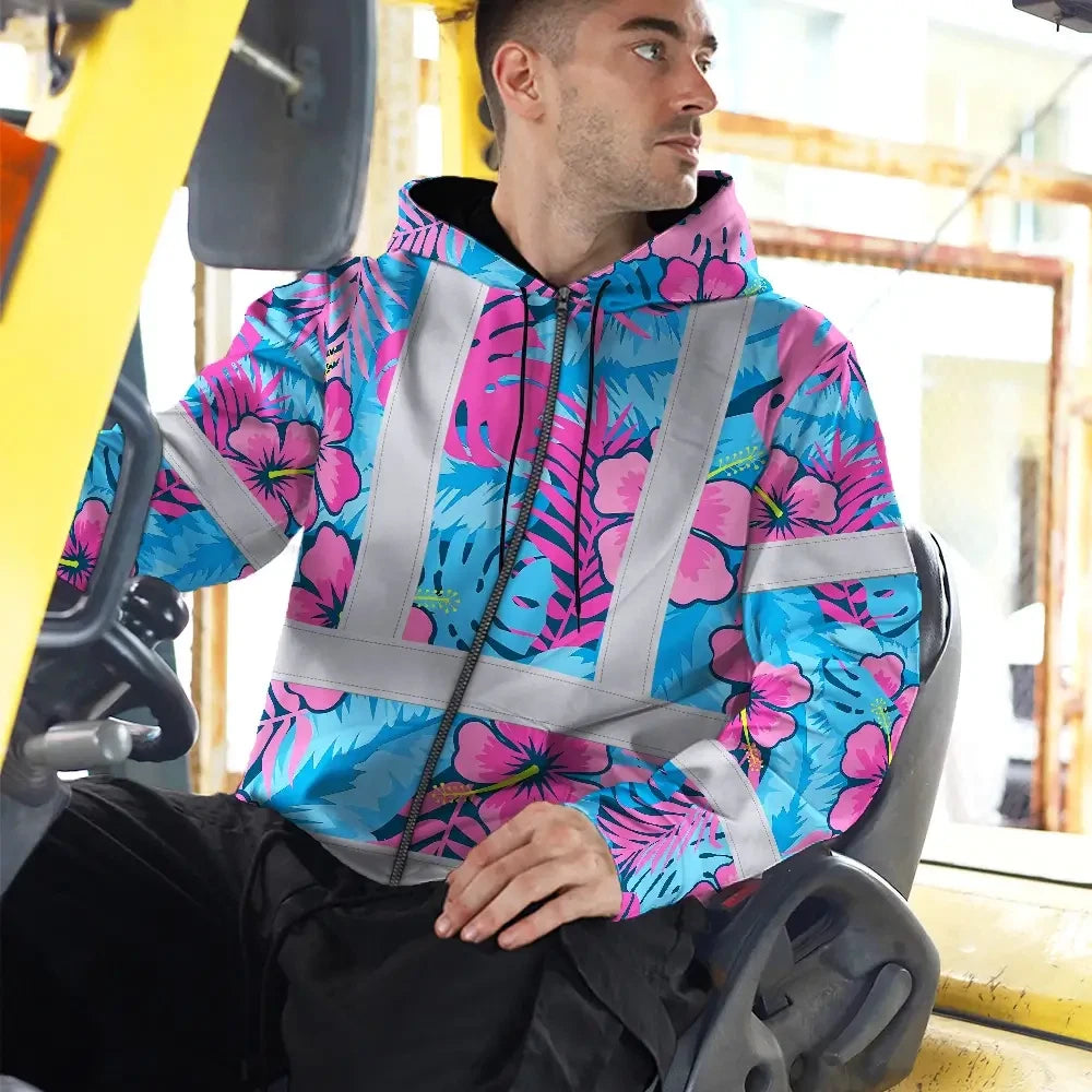 Hi Vis Zip Hoodie Reflective Tapes Pink Neon And Blue Flowers Custom Name Safety Workwear For Workers, Truckers, Operators