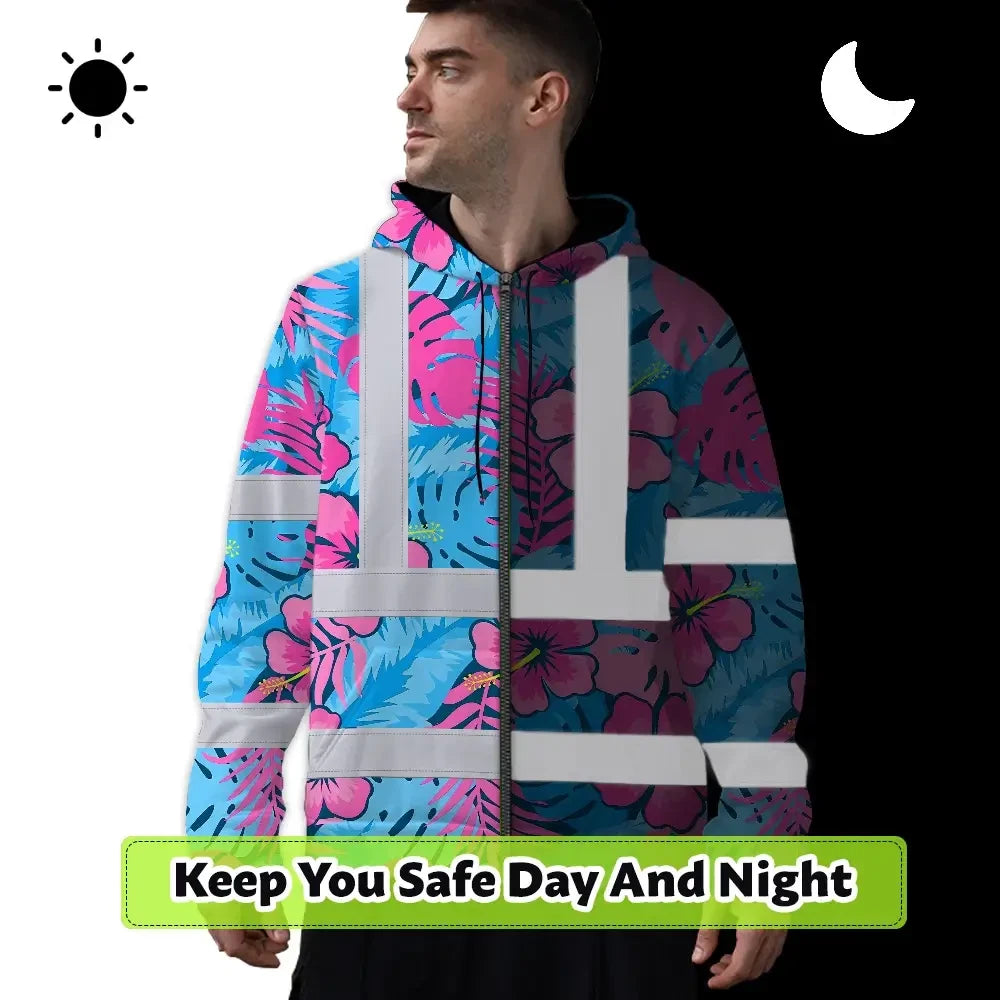 Hi Vis Zip Hoodie Reflective Tapes Pink Neon And Blue Flowers Custom Name Safety Workwear For Workers, Truckers, Operators