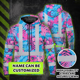 Hi Vis Zip Hoodie Reflective Tapes Pink Neon And Blue Flowers Custom Name Safety Workwear For Workers, Truckers, Operators