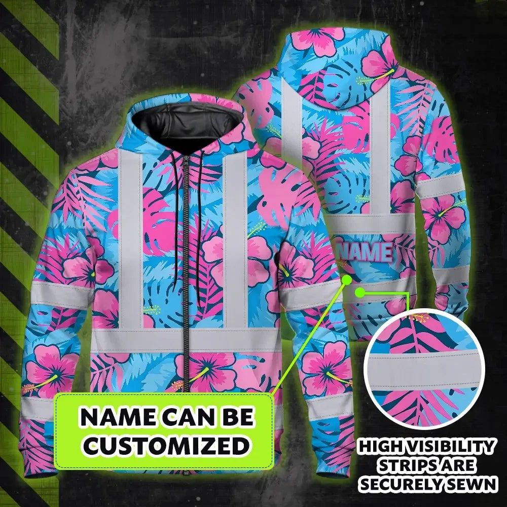 Hi Vis Zip Hoodie Reflective Tapes Pink Neon And Blue Flowers Custom Name Safety Workwear For Workers, Truckers, Operators