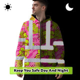 Hi Vis Zip Hoodie Reflective Tapes Pink Neon And Lime Flowers Custom Name Safety Workwear For Workers, Truckers, Operators