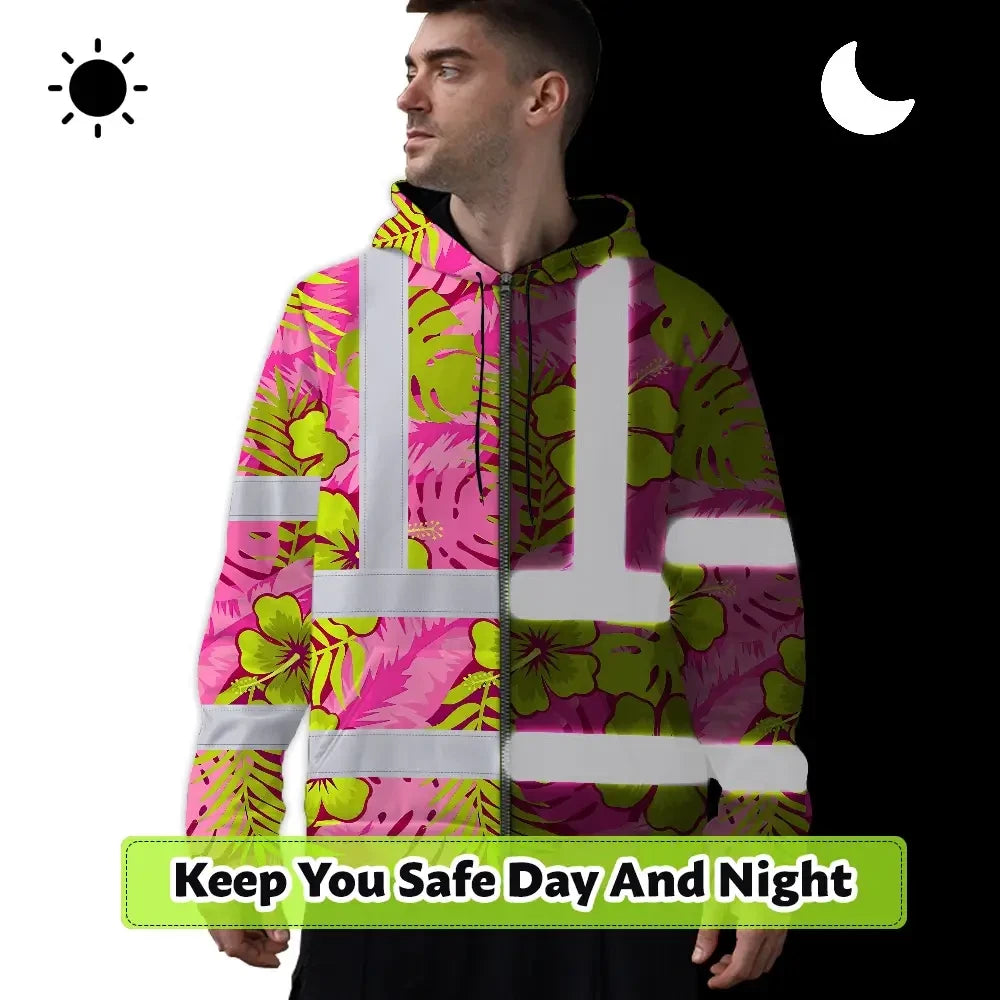 Hi Vis Zip Hoodie Reflective Tapes Pink Neon And Lime Flowers Custom Name Safety Workwear For Workers, Truckers, Operators