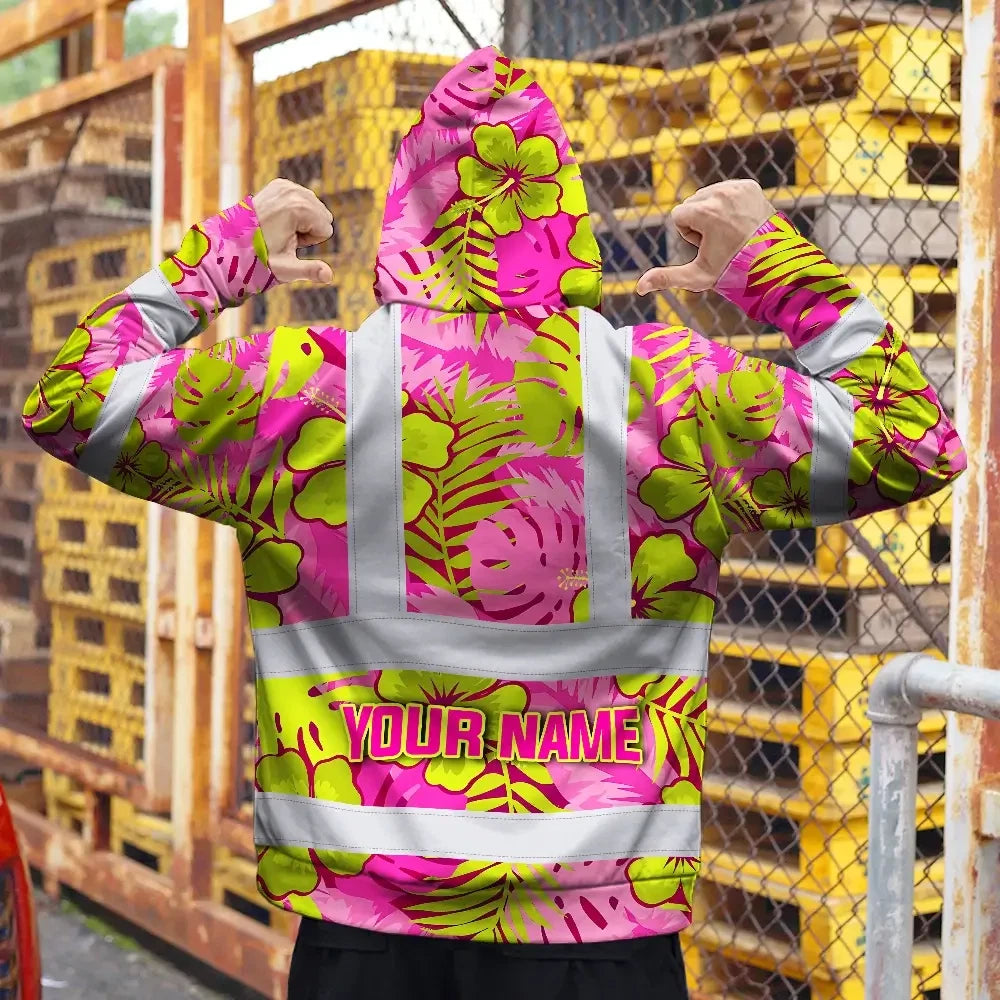Hi Vis Zip Hoodie Reflective Tapes Pink Neon And Lime Flowers Custom Name Safety Workwear For Workers, Truckers, Operators