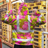 Hi Vis Zip Hoodie Reflective Tapes Pink Neon And Lime Flowers Custom Name Safety Workwear For Workers, Truckers, Operators