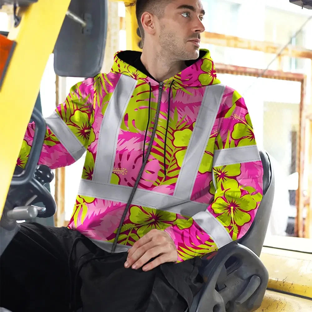 Hi Vis Zip Hoodie Reflective Tapes Pink Neon And Lime Flowers Custom Name Safety Workwear For Workers, Truckers, Operators