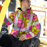 Hi Vis Zip Hoodie Reflective Tapes Pink Neon And Lime Flowers Custom Name Safety Workwear For Workers, Truckers, Operators