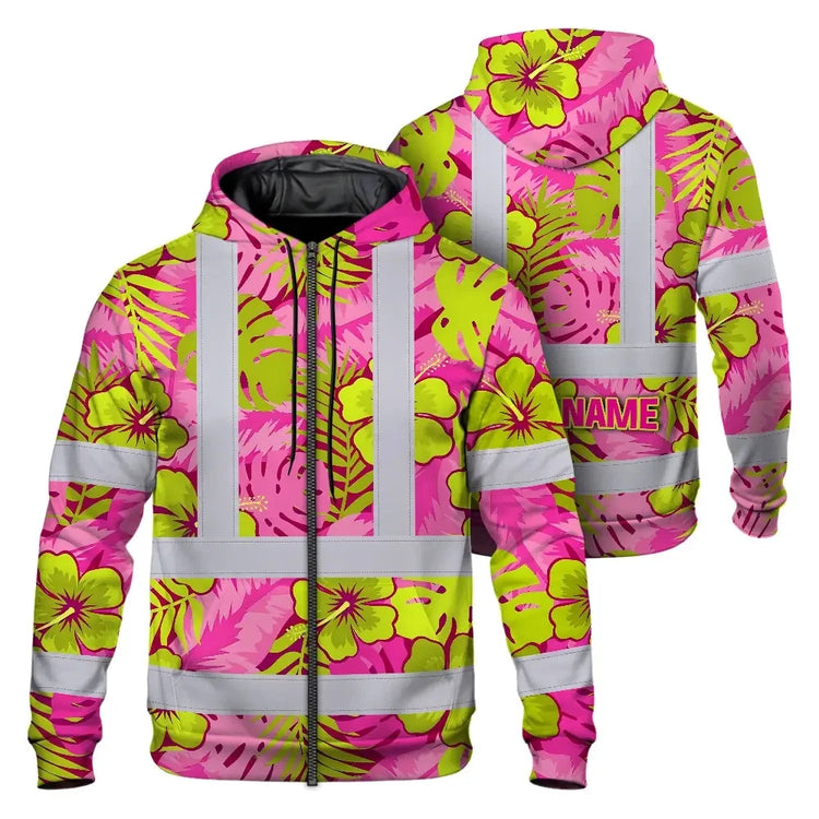 Pink Neon And Lime Flowers Hi-Vis Zip Hoodie
