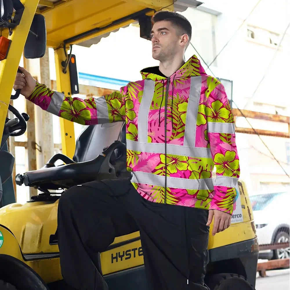 Hi Vis Zip Hoodie Reflective Tapes Pink Neon And Lime Flowers Custom Name Safety Workwear For Workers, Truckers, Operators
