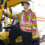 Hi Vis Zip Hoodie Reflective Tapes Pink Neon And Lime Flowers Custom Name Safety Workwear For Workers, Truckers, Operators