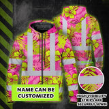 Hi Vis Zip Hoodie Reflective Tapes Pink Neon And Lime Flowers Custom Name Safety Workwear For Workers, Truckers, Operators