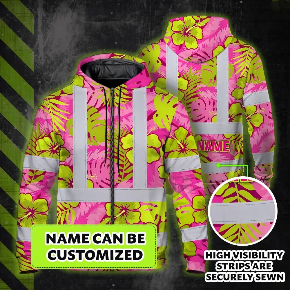 Hi Vis Zip Hoodie Reflective Tapes Pink Neon And Lime Flowers Custom Name Safety Workwear For Workers, Truckers, Operators