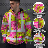Hi Vis Zip Hoodie Reflective Tapes Pink Neon And Lime Flowers Custom Name Safety Workwear For Workers, Truckers, Operators
