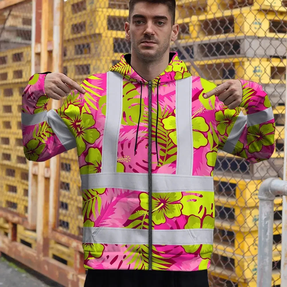 Hi Vis Zip Hoodie Reflective Tapes Pink Neon And Lime Flowers Custom Name Safety Workwear For Workers, Truckers, Operators