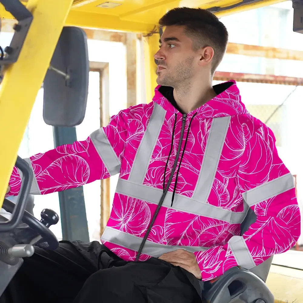Hi Vis Zip Hoodie Reflective Tapes Pink Neon And White Flowers Custom Name Safety Workwear For Workers, Truckers, Operators