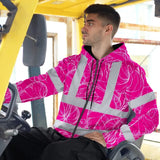 Hi Vis Zip Hoodie Reflective Tapes Pink Neon And White Flowers Custom Name Safety Workwear For Workers, Truckers, Operators