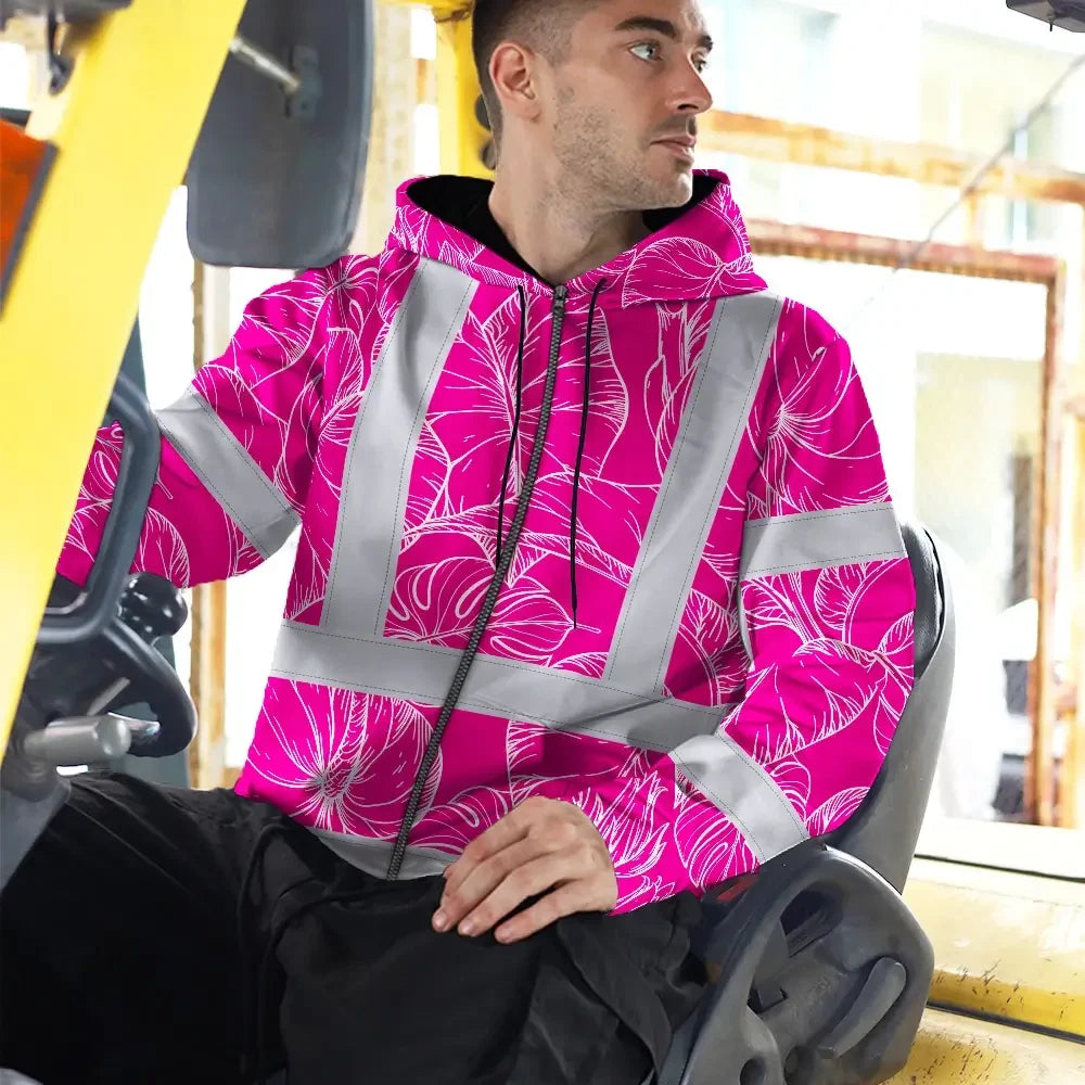 Hi Vis Zip Hoodie Reflective Tapes Pink Neon And White Flowers Custom Name Safety Workwear For Workers, Truckers, Operators