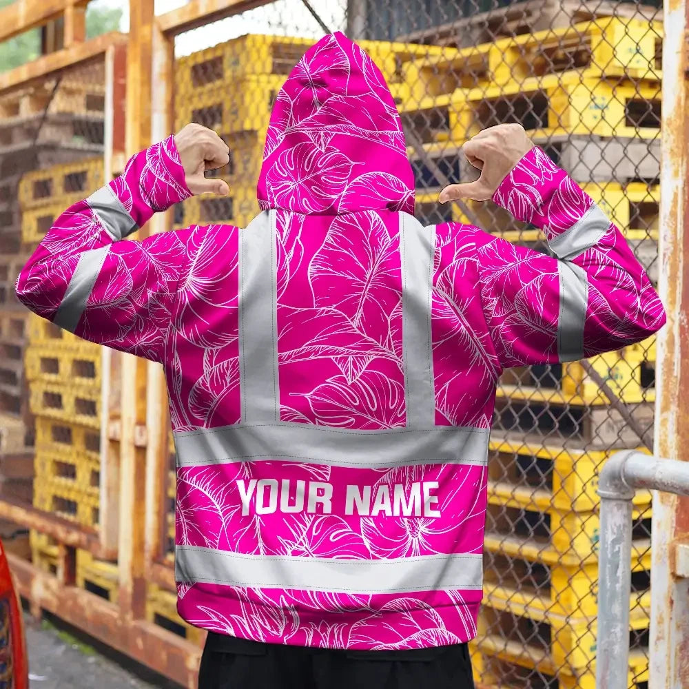 Hi Vis Zip Hoodie Reflective Tapes Pink Neon And White Flowers Custom Name Safety Workwear For Workers, Truckers, Operators