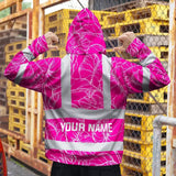 Hi Vis Zip Hoodie Reflective Tapes Pink Neon And White Flowers Custom Name Safety Workwear For Workers, Truckers, Operators