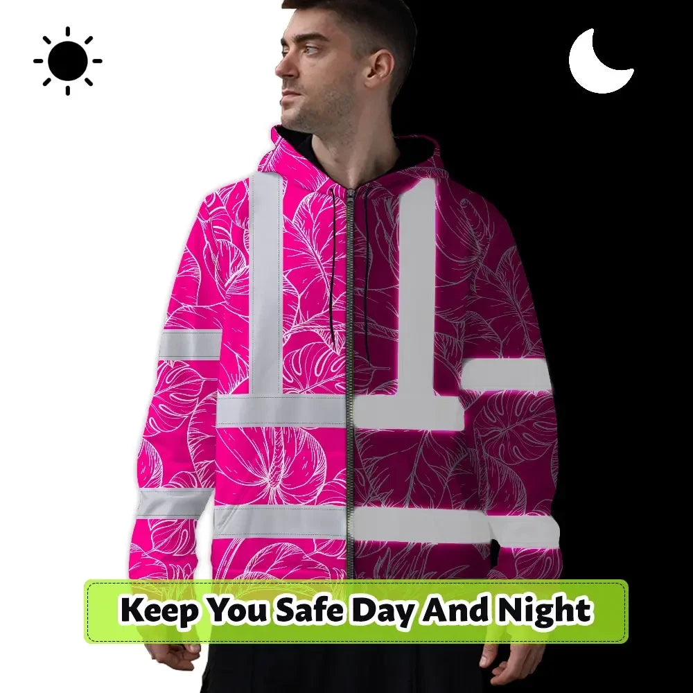Hi Vis Zip Hoodie Reflective Tapes Pink Neon And White Flowers Custom Name Safety Workwear For Workers, Truckers, Operators
