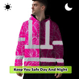 Hi Vis Zip Hoodie Reflective Tapes Pink Neon And White Flowers Custom Name Safety Workwear For Workers, Truckers, Operators