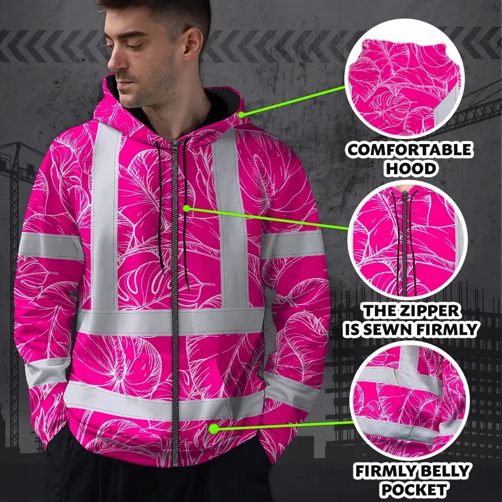 Hi Vis Zip Hoodie Reflective Tapes Pink Neon And White Flowers Custom Name Safety Workwear For Workers, Truckers, Operators