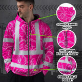 Hi Vis Zip Hoodie Reflective Tapes Pink Neon And White Flowers Custom Name Safety Workwear For Workers, Truckers, Operators