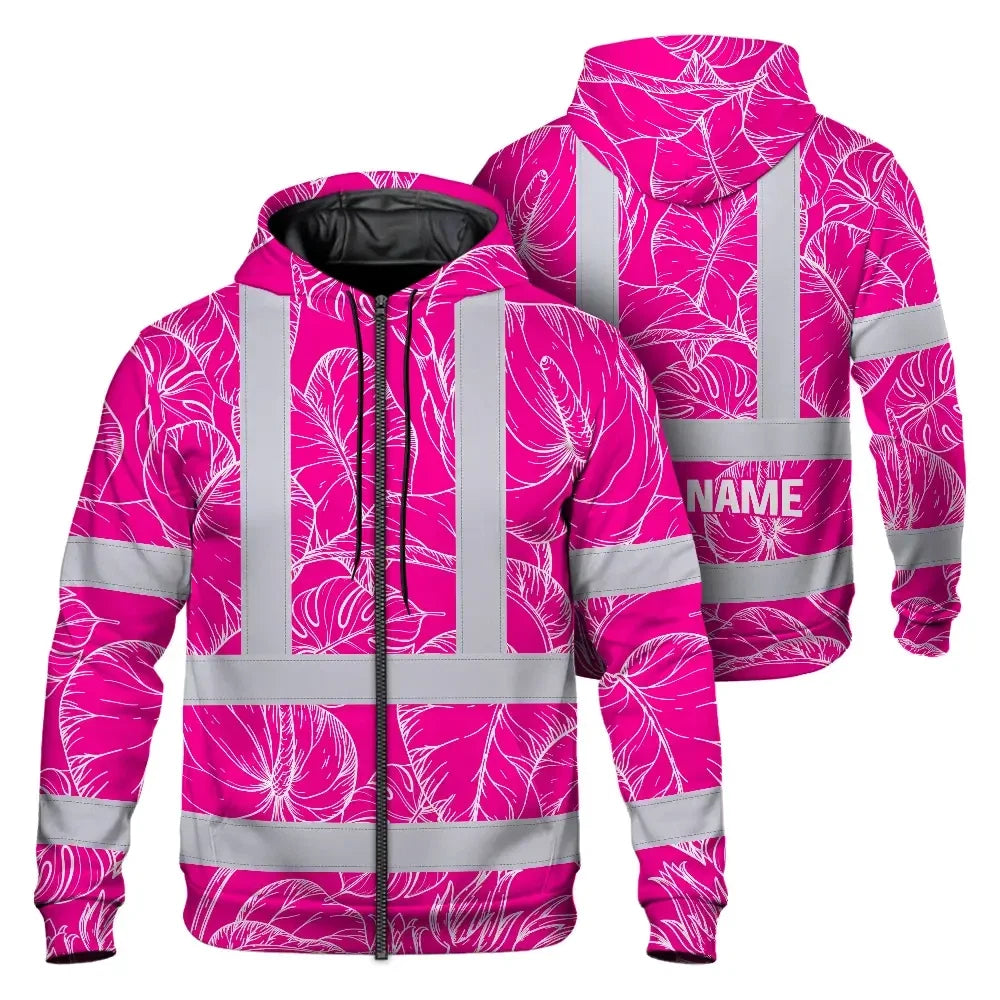 Hi Vis Zip Hoodie Reflective Tapes Pink Neon And White Flowers Custom Name Safety Workwear For Workers, Truckers, Operators