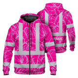 Hi Vis Zip Hoodie Reflective Tapes Pink Neon And White Flowers Custom Name Safety Workwear For Workers, Truckers, Operators