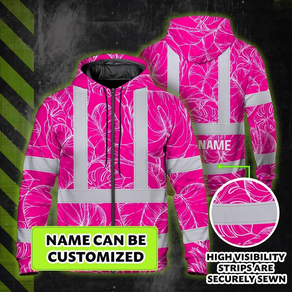 Hi Vis Zip Hoodie Reflective Tapes Pink Neon And White Flowers Custom Name Safety Workwear For Workers, Truckers, Operators