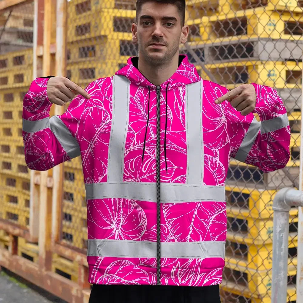 Hi Vis Zip Hoodie Reflective Tapes Pink Neon And White Flowers Custom Name Safety Workwear For Workers, Truckers, Operators