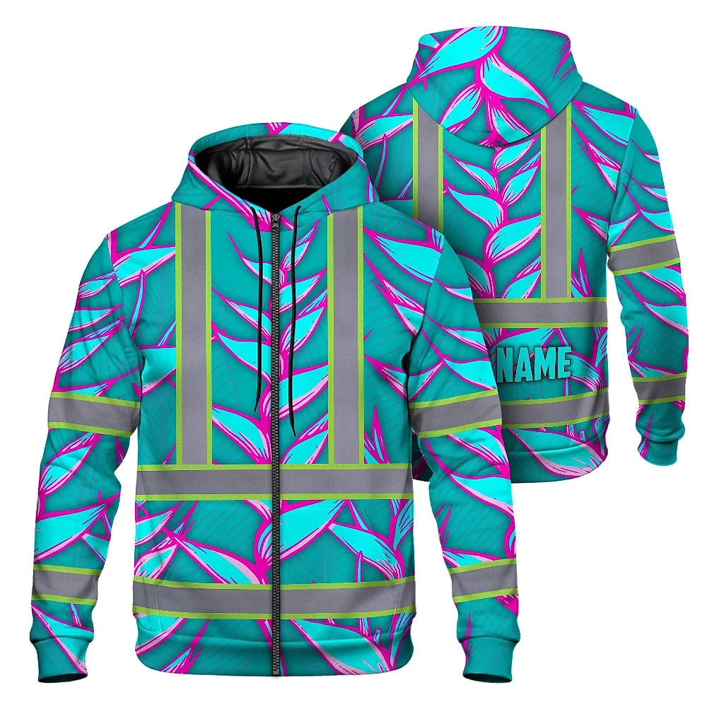 Hi Vis Zip Hoodie Reflective Tapes Pink Neon Blue Heliconia Custom Name Safety Workwear For Workers, Truckers, Operators