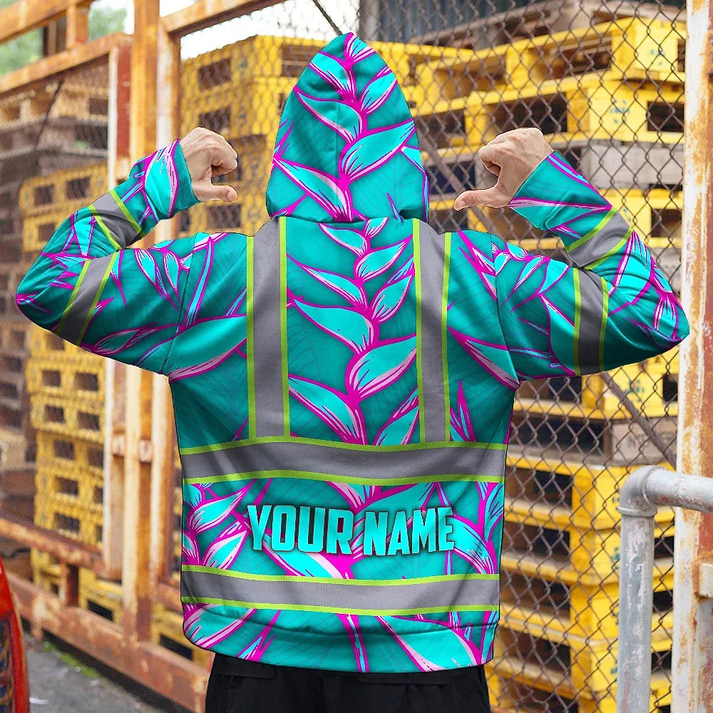 Hi Vis Zip Hoodie Reflective Tapes Pink Neon Blue Heliconia Custom Name Safety Workwear For Workers, Truckers, Operators