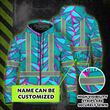 Hi Vis Zip Hoodie Reflective Tapes Pink Neon Blue Heliconia Custom Name Safety Workwear For Workers, Truckers, Operators