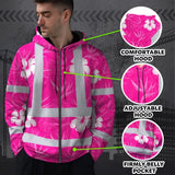 Hi Vis Zip Hoodie Reflective Tapes Pink Neon Flowers Custom Name Safety Workwear For Workers, Truckers, Operators