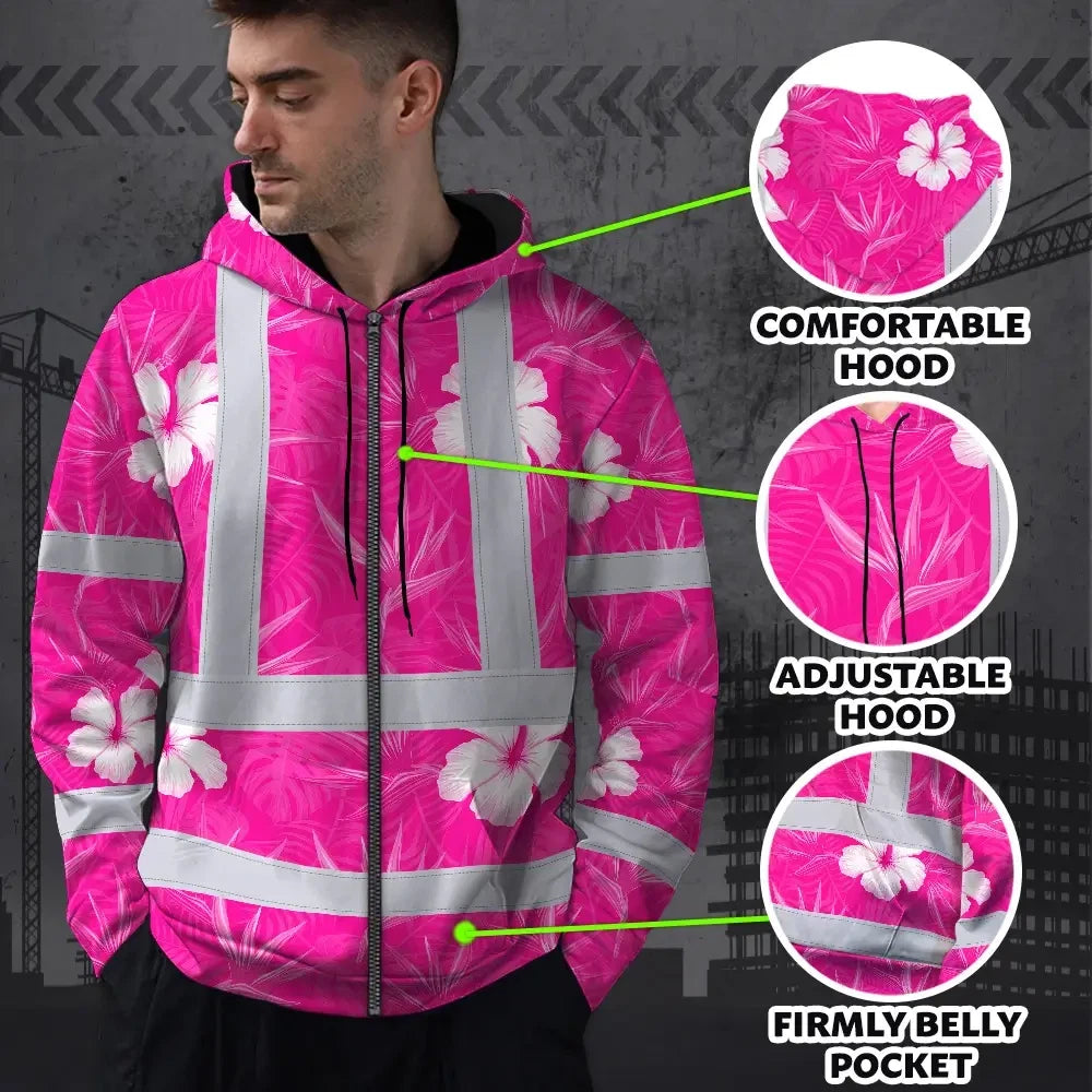 Hi Vis Zip Hoodie Reflective Tapes Pink Neon Flowers Custom Name Safety Workwear For Workers, Truckers, Operators