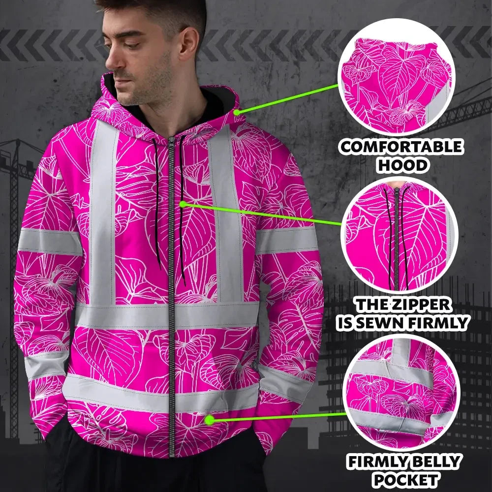 Hi Vis Zip Hoodie Reflective Tapes Pink Neon Flowers Custom Name Safety Workwear For Workers, Truckers, Operators