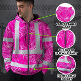 Hi Vis Zip Hoodie Reflective Tapes Pink Neon Flowers Custom Name Safety Workwear For Workers, Truckers, Operators