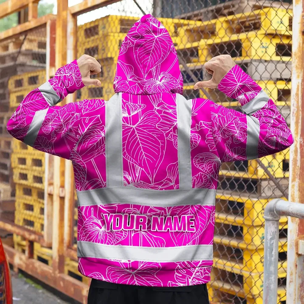 Hi Vis Zip Hoodie Reflective Tapes Pink Neon Flowers Custom Name Safety Workwear For Workers, Truckers, Operators