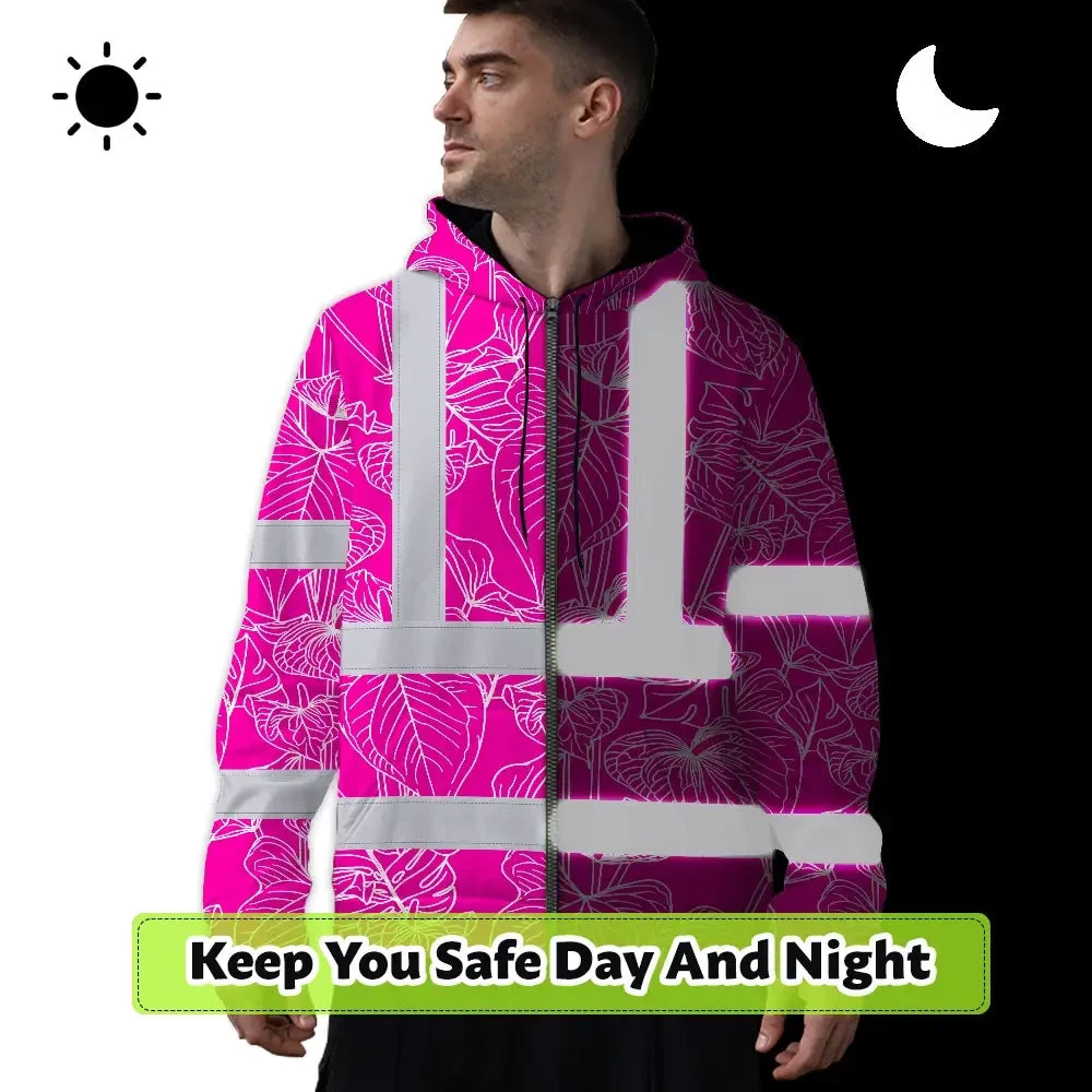 Hi Vis Zip Hoodie Reflective Tapes Pink Neon Flowers Custom Name Safety Workwear For Workers, Truckers, Operators