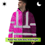 Hi Vis Zip Hoodie Reflective Tapes Pink Neon Flowers Custom Name Safety Workwear For Workers, Truckers, Operators