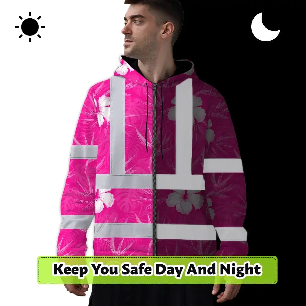 Hi Vis Zip Hoodie Reflective Tapes Pink Neon Flowers Custom Name Safety Workwear For Workers, Truckers, Operators