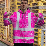 Hi Vis Zip Hoodie Reflective Tapes Pink Neon Flowers Custom Name Safety Workwear For Workers, Truckers, Operators