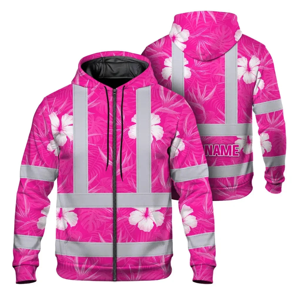 Hi Vis Zip Hoodie Reflective Tapes Pink Neon Flowers Custom Name Safety Workwear For Workers, Truckers, Operators