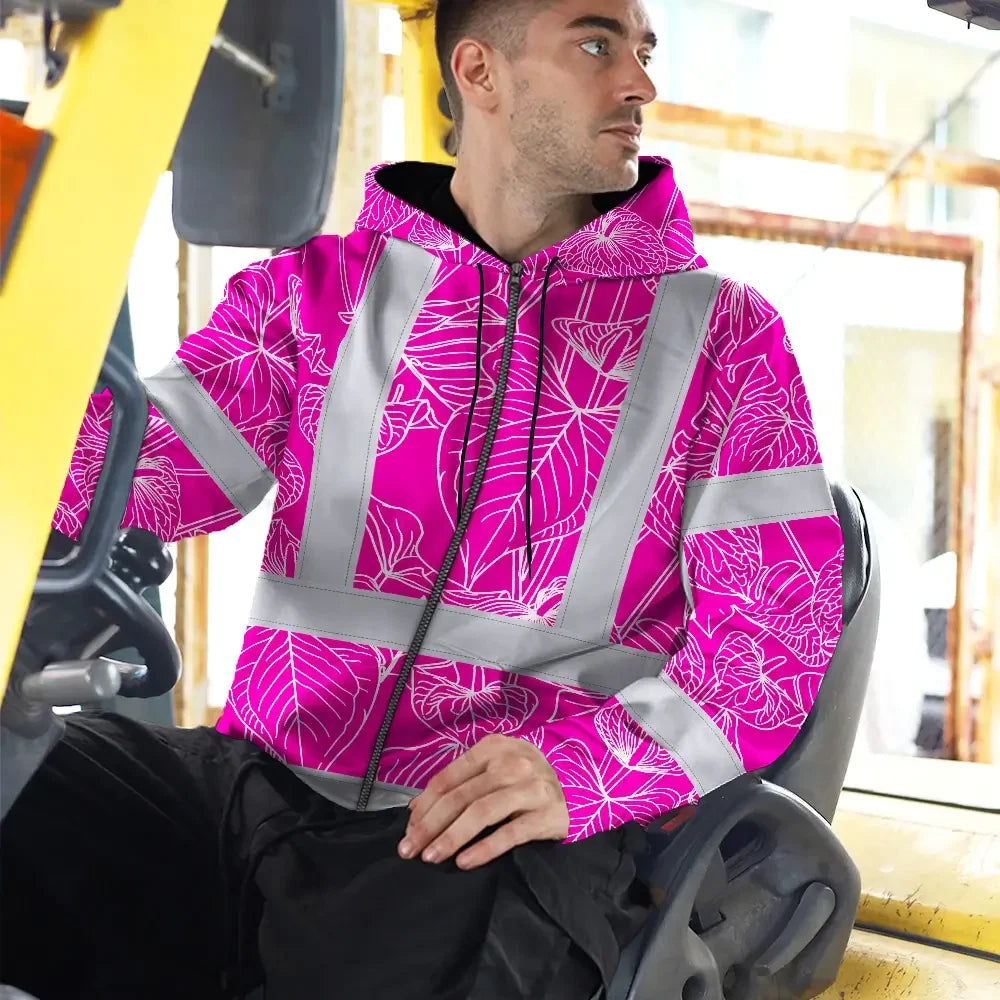 Hi Vis Zip Hoodie Reflective Tapes Pink Neon Flowers Custom Name Safety Workwear For Workers, Truckers, Operators
