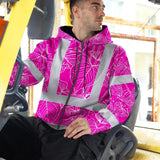 Hi Vis Zip Hoodie Reflective Tapes Pink Neon Flowers Custom Name Safety Workwear For Workers, Truckers, Operators