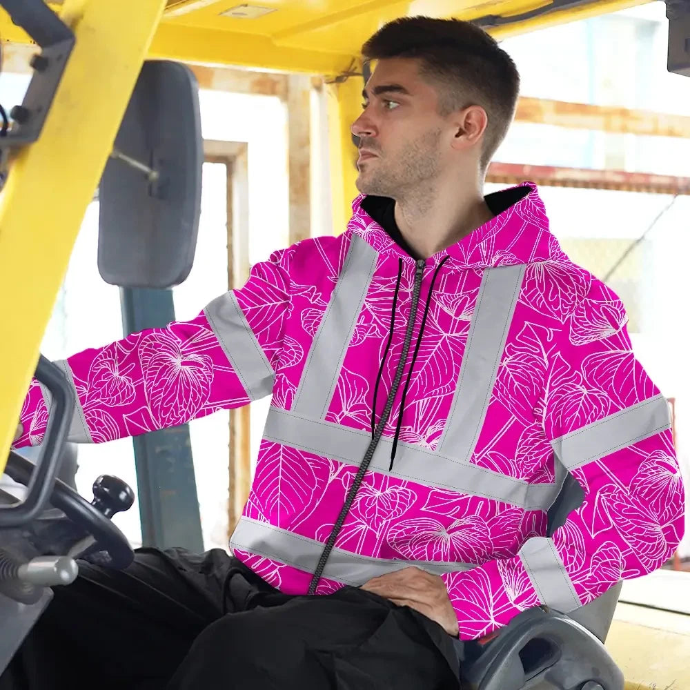 Hi Vis Zip Hoodie Reflective Tapes Pink Neon Flowers Custom Name Safety Workwear For Workers, Truckers, Operators