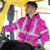 Hi Vis Zip Hoodie Reflective Tapes Pink Neon Flowers Custom Name Safety Workwear For Workers, Truckers, Operators