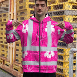 Hi Vis Zip Hoodie Reflective Tapes Pink Neon Flowers Custom Name Safety Workwear For Workers, Truckers, Operators
