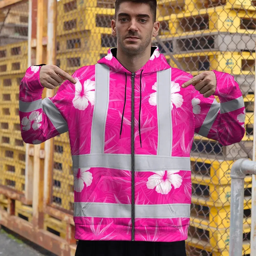 Hi Vis Zip Hoodie Reflective Tapes Pink Neon Flowers Custom Name Safety Workwear For Workers, Truckers, Operators