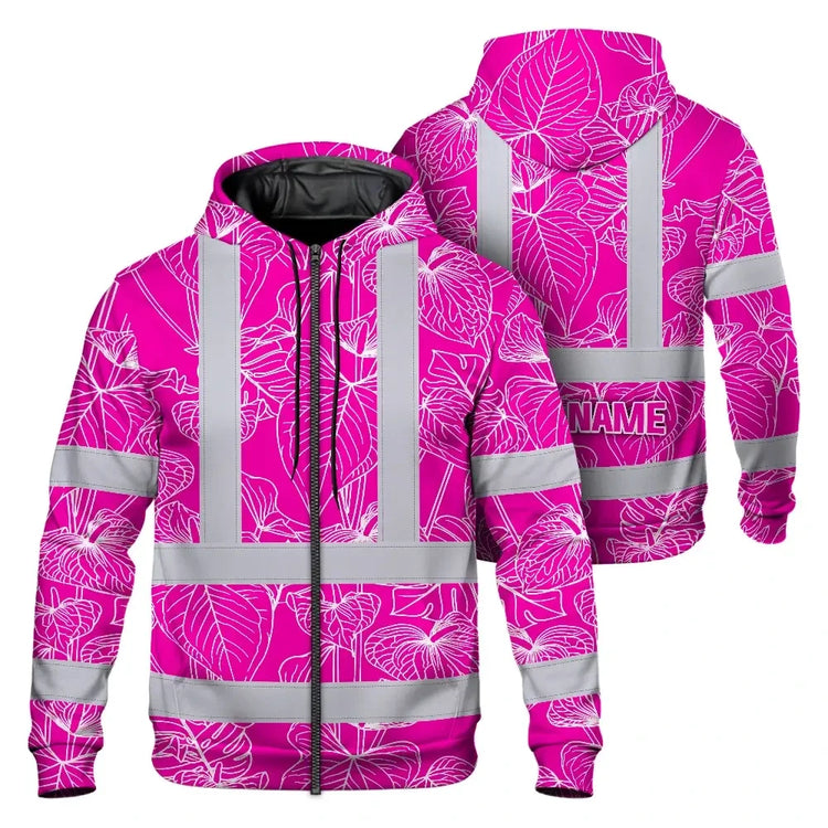 Pink Neon Flowers Hi-Vis Zip Hoodie